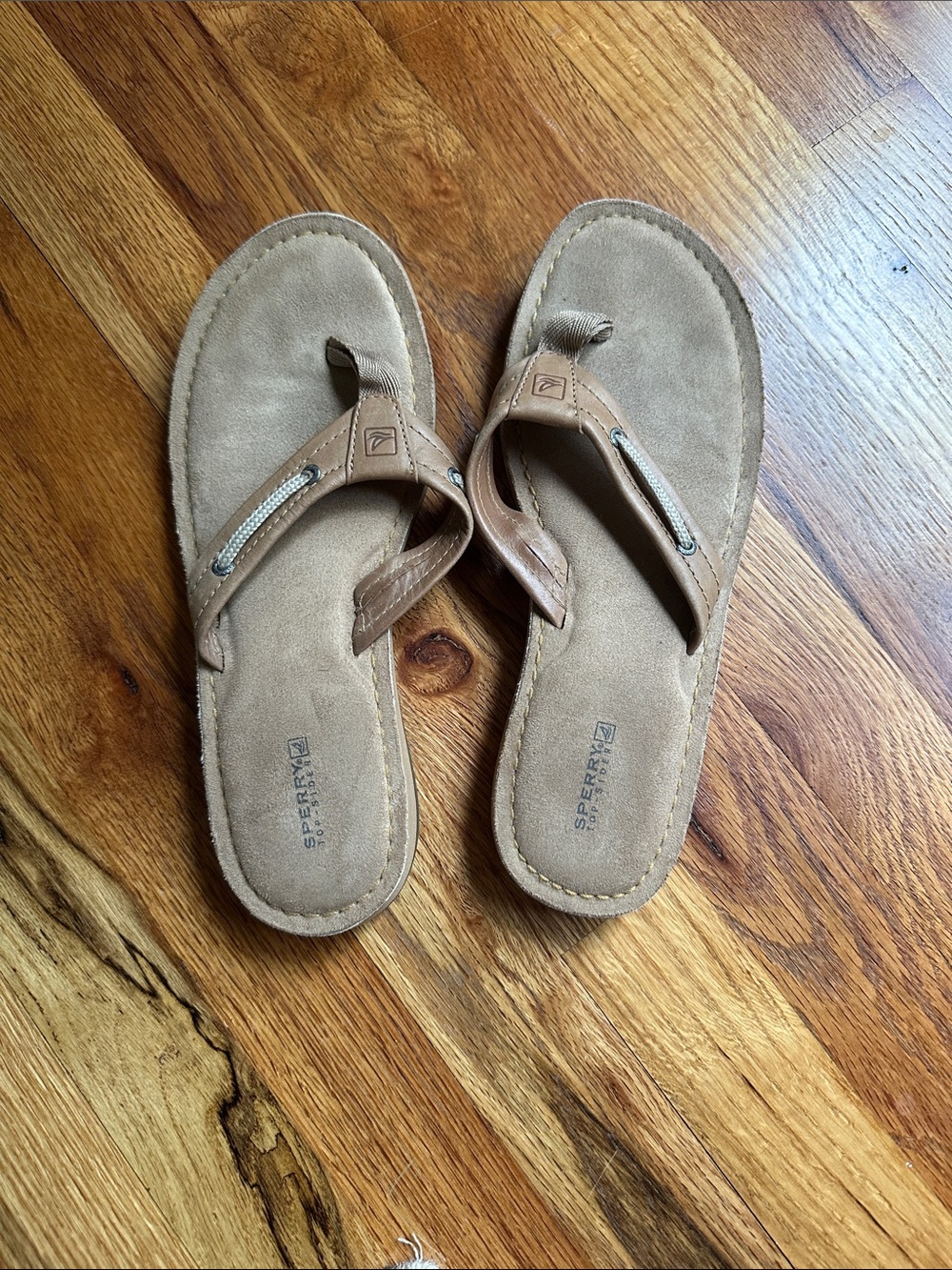 Sperry Tan Suede Thong Sandals with Leather Accents